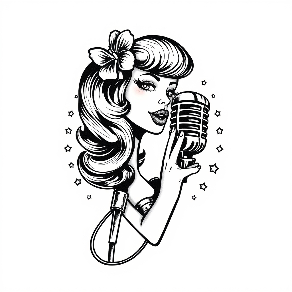 A tattoo design of vintage microphone pinup girl in the style of blackwork. - pin up girl tattoo design generated by AI tattoo generator