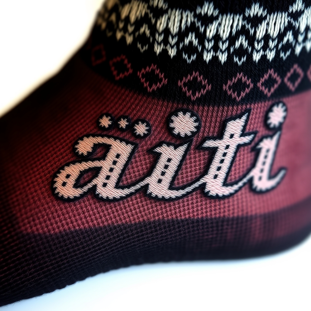 A tattoo design of Word "äiti" as it was knitted into skin like wool socks in the style of traditional. - text design tattoo design generated by AI tattoo generator
