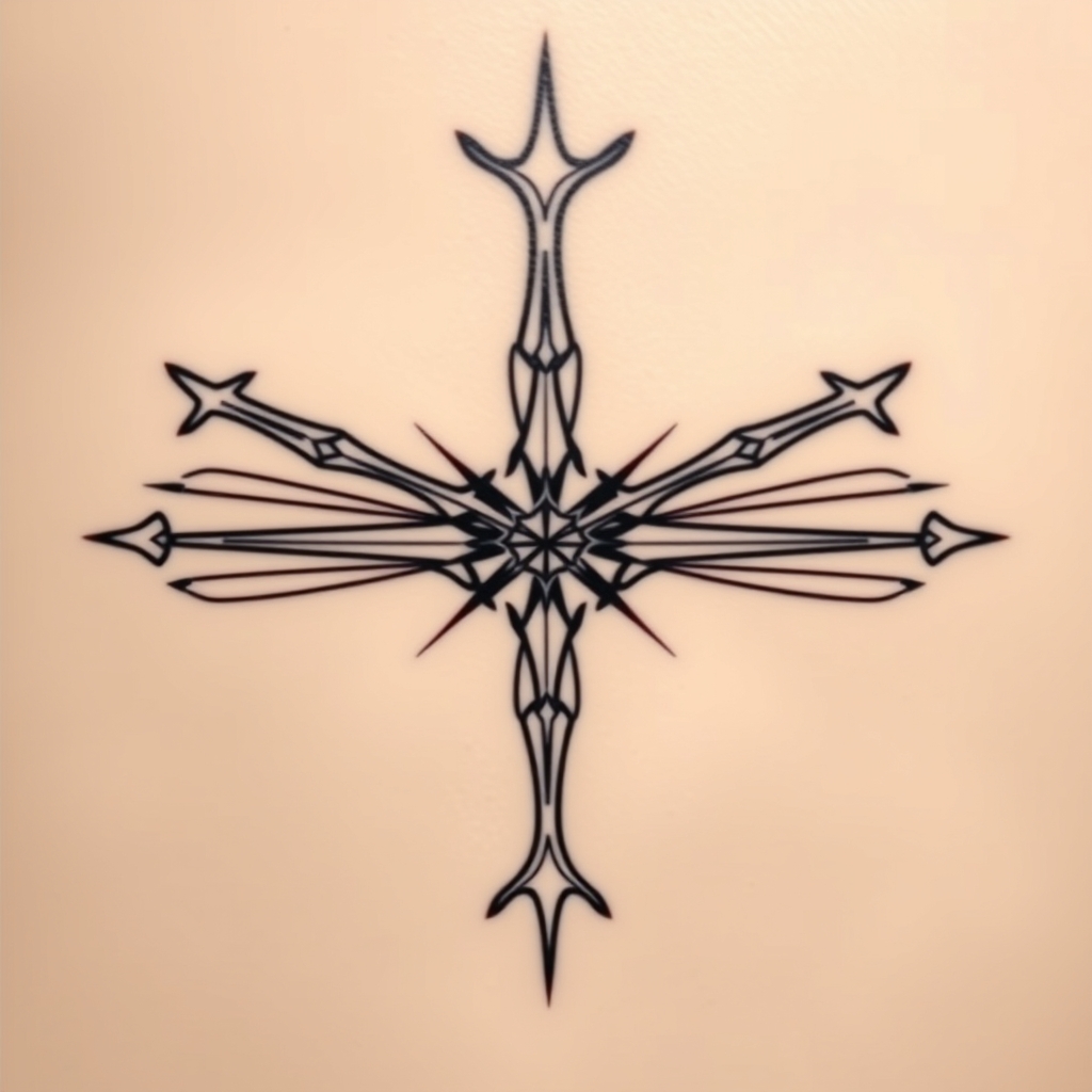 A tattoo design of three interlocking longbows spinning out from a central point in the style of geometric. - archery equipment tattoo design generated by AI tattoo generator