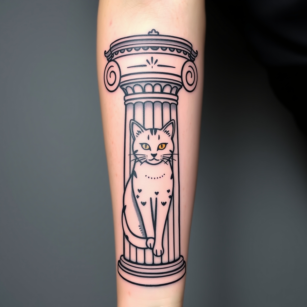 A tattoo design of Greek pillar with a cat  in the style of minimalist. - architecture animal tattoo design generated by AI tattoo generator