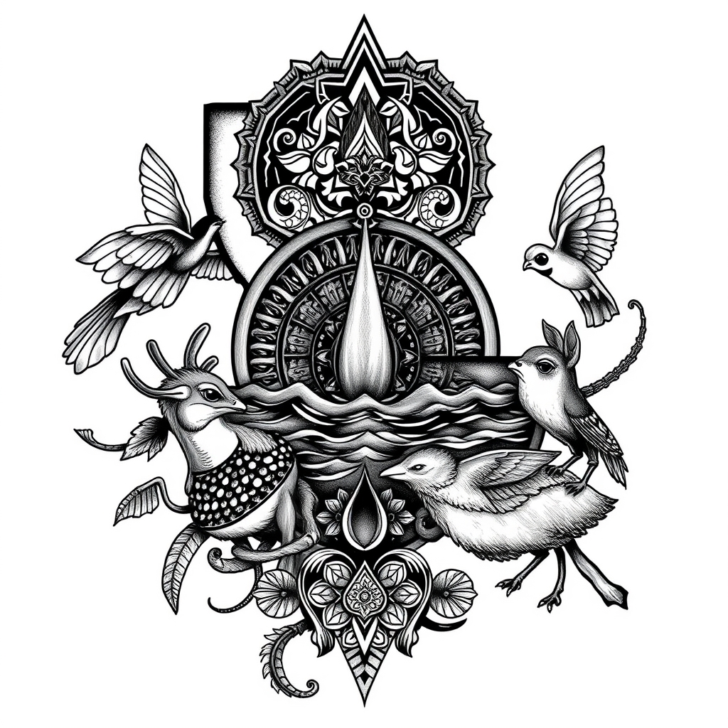 A tattoo design of Louisiana, fractals, water, ancient energy, native wildlife in the style of realistic. - southern state landscaping tattoo design generated by AI tattoo generator