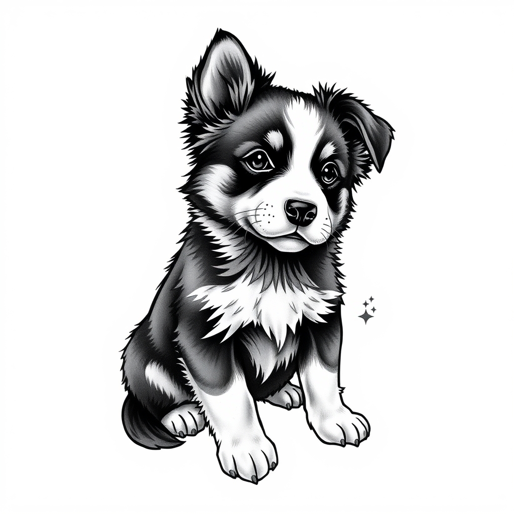 A tattoo design of grey and white border collie pup in the style of realistic. - dog tattoo design generated by AI tattoo generator