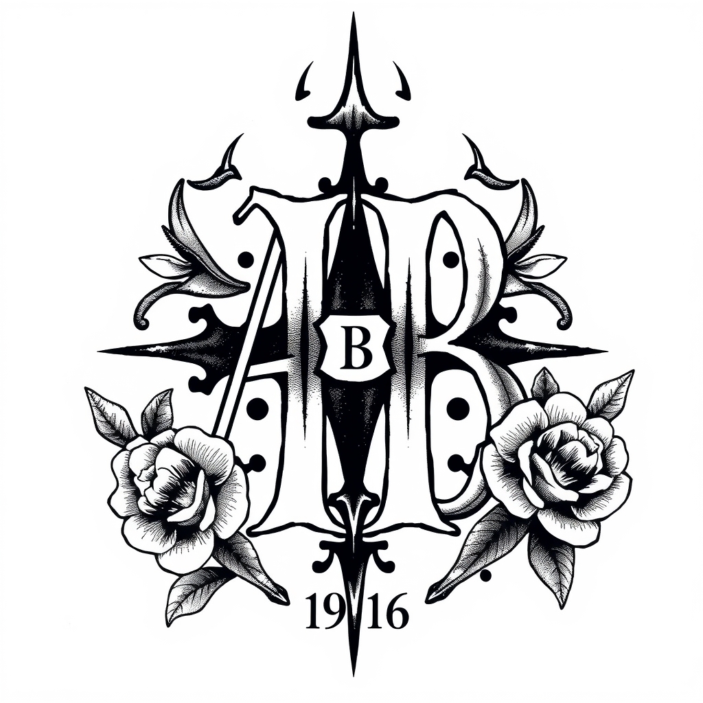 A tattoo design of Initials AB, year 1974,  in the style of surrealistic. - initials year tattoo design generated by AI tattoo generator