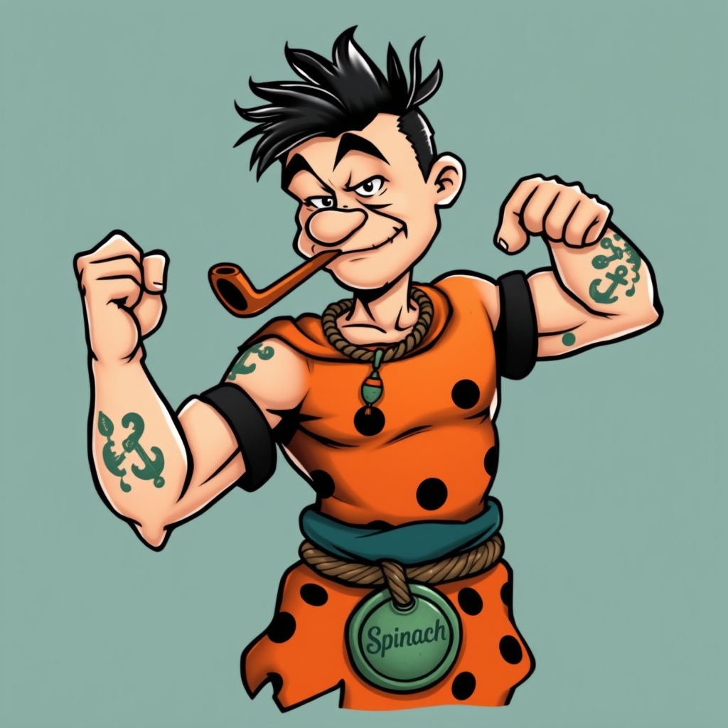 A tattoo design of 1. Pose & Composition Full-body or upper-body shot: Popeye’s classic braced-stance—one fist on hip, another flexing—dressed in Fred’s prehistoric attire. Slight three-quarters angle: Gives depth to his muscular arm and his iconic pipe. 2. Face & Expression Popeye’s face shape with squinty eye, corncob pipe clenched in teeth. Fred’s heavy five o’clock shadow making his jawline more rugged. Wild Stone Age hair—Fred’s messy black mane slightly tousled. 3. Attire & Details Orange and black-spotted tunic from Fred, torn to reveal Popeye’s anchor tattoos on the forearms. Stone pendant necklace like Fred wears, but shaped as a spinach can lid. Rope belt holding a small club that has “Spinach” carved onto it. in the style of abstract. - cartoon characters tattoo design generated by AI tattoo generator
