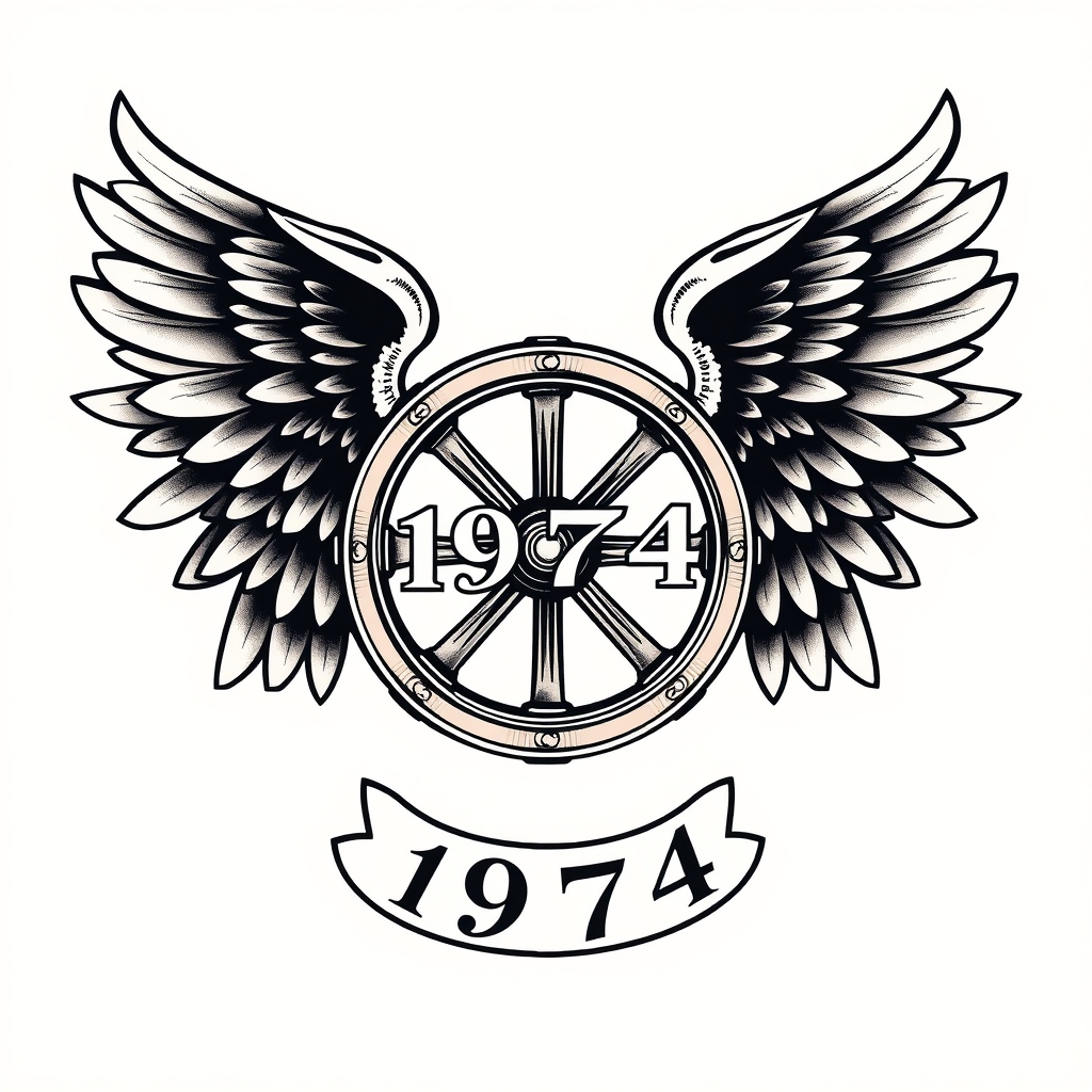 A tattoo design of A dynamic winged wheel, dated "1974" in classic vintage serif numbers, with the wings flaring outward—symbolizing movement, duty, and freedom. in the style of realistic. - vehicle symbol tattoo design generated by AI tattoo generator