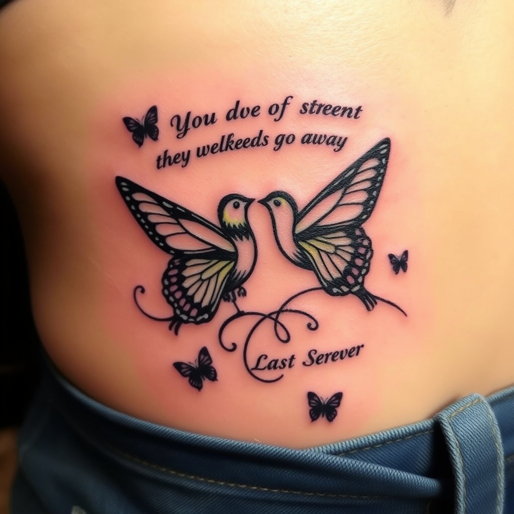 A tattoo design of birds 2 Those we love dont go away they walk beside us every day memories last forever Papa: 29-04- 1946 14-04-2017 revelation 21: 4 promising a end to death αnd Sοrow We only part to meet again butterflys around in the style of realistic. - memorial tattoo tattoo design generated by AI tattoo generator
