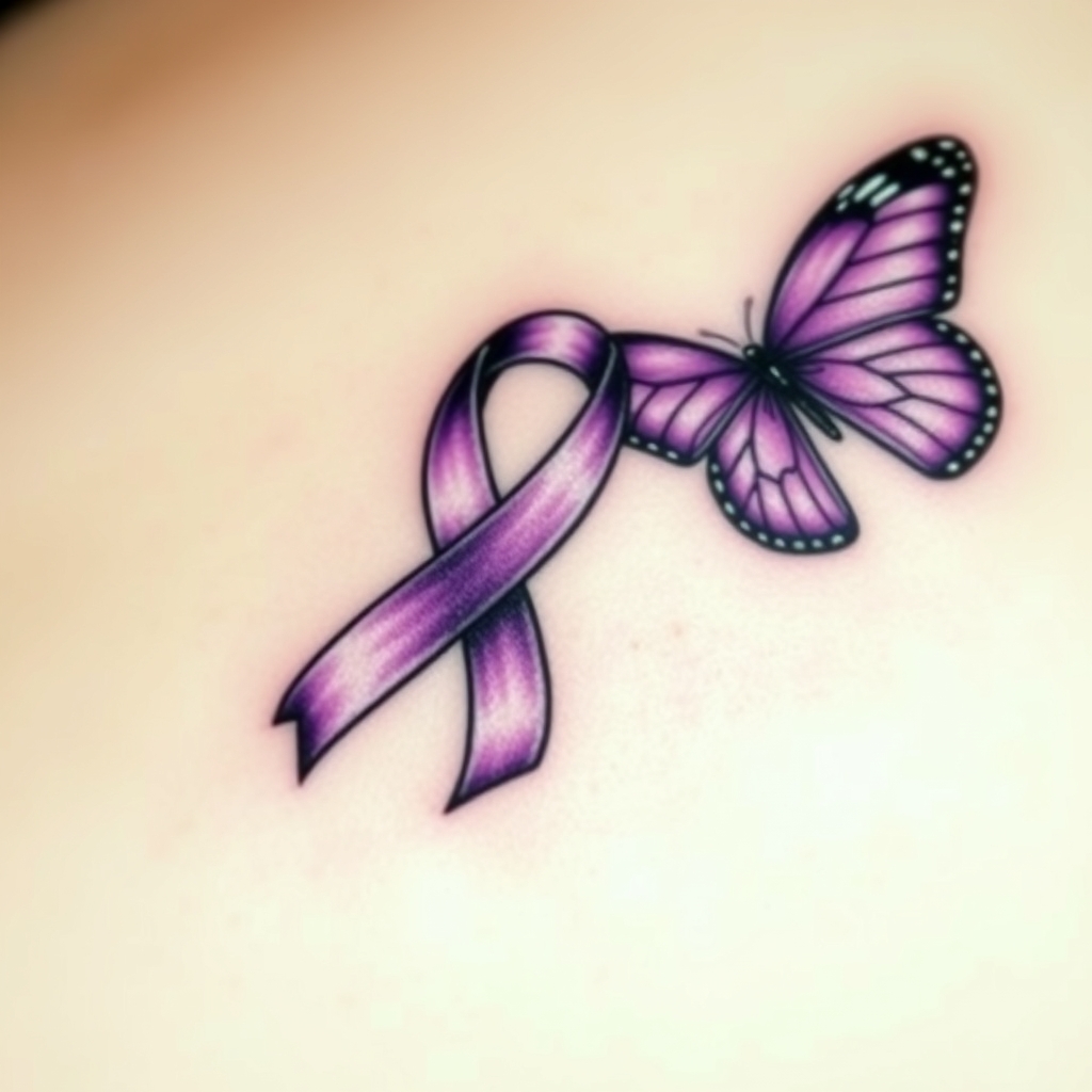 A tattoo design of Domestic violence ribbon awareness inclined together with a purple butterfly in the style of realistic. - social cause awareness tattoo design generated by AI tattoo generator