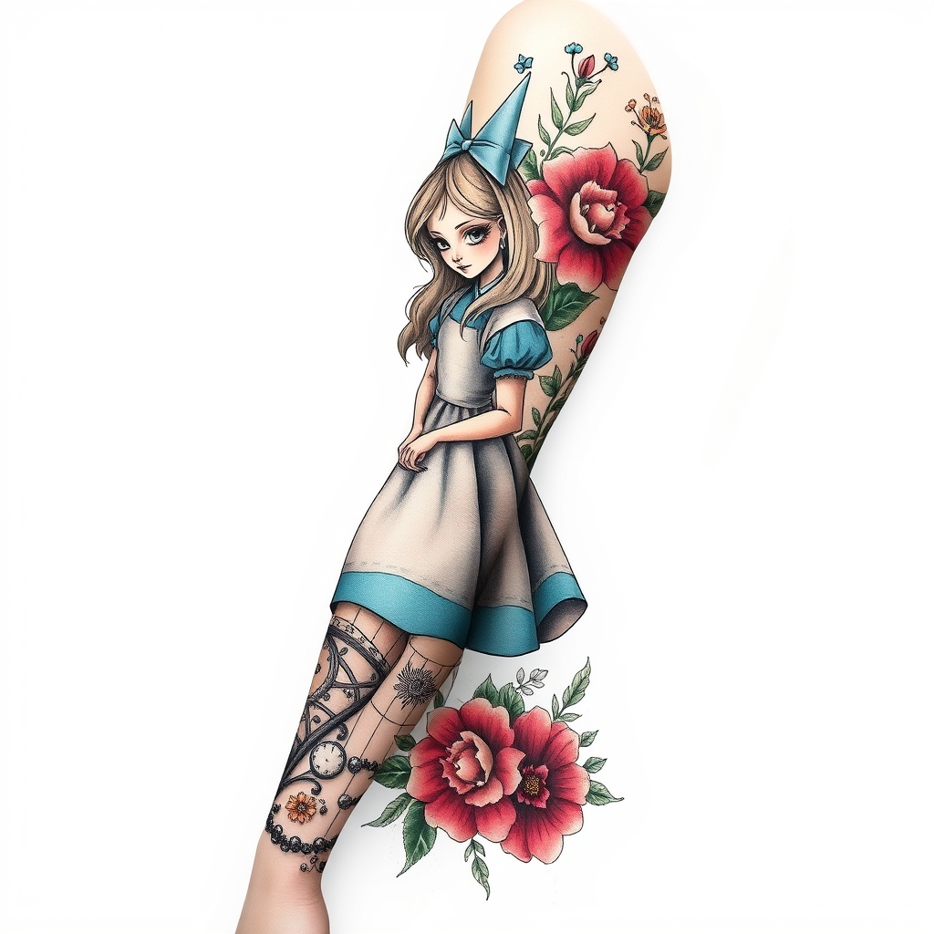 A tattoo design of Alice in wonderland floral full sleeve in the style of surrealistic. - alice in wonderland tattoo design generated by AI tattoo generator