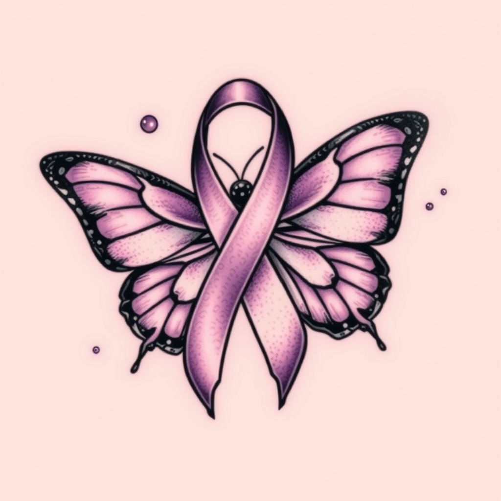 A tattoo design of  crying with the domestic awareness ribbon with a purple butterfly entwined together in the style of japanese. - awareness ribbon tattoo design generated by AI tattoo generator