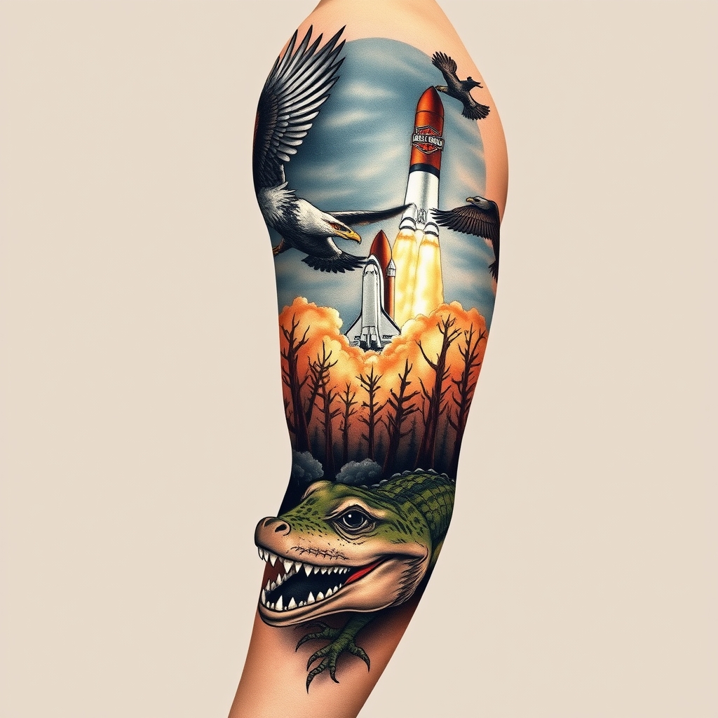 A tattoo design of Right arm full sleeve with the upper containing Harley Davidson theme with eagles mixed with the lower of Florida cypress swamp theme with alligator and space shuttle launch in the background  in the style of realistic. - motorcycle culture tattoo design generated by AI tattoo generator