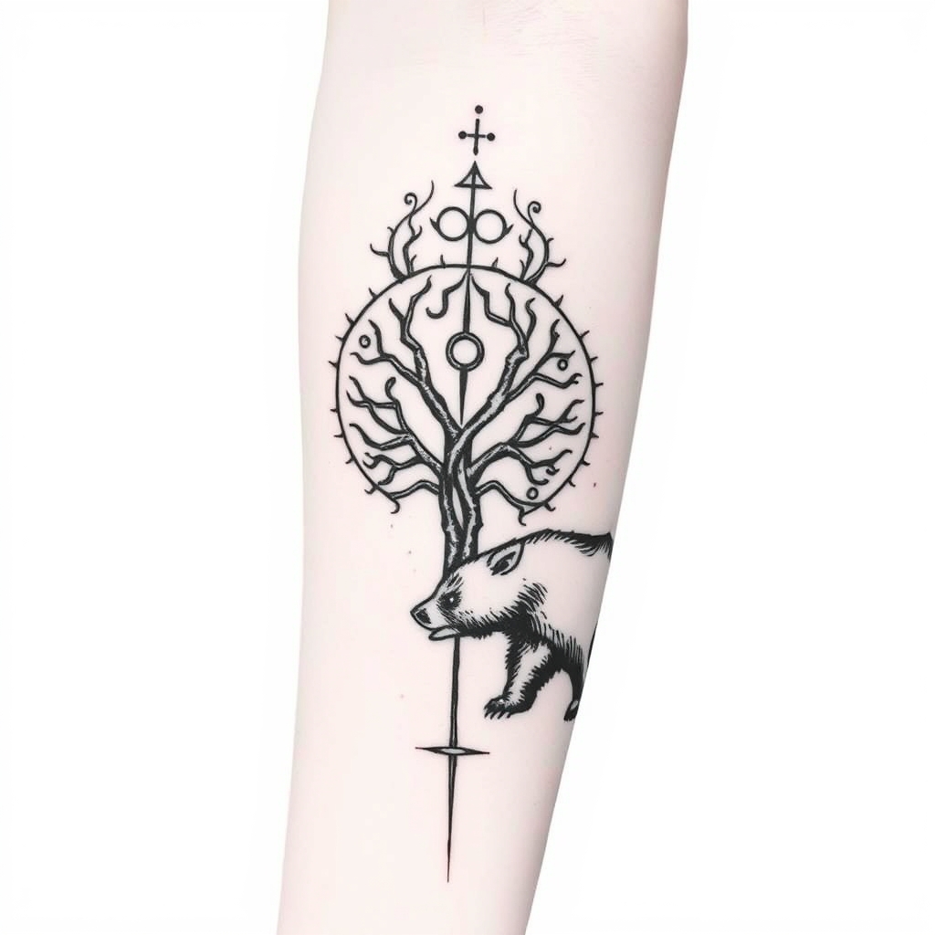 A tattoo design of feminine, odins ravens, wyrd, yggdrasil, vegvisin, valknut, troll cross and bear, add a little red Down my arm onto my wrist in the style of geometric. - norse mythology tattoo design generated by AI tattoo generator