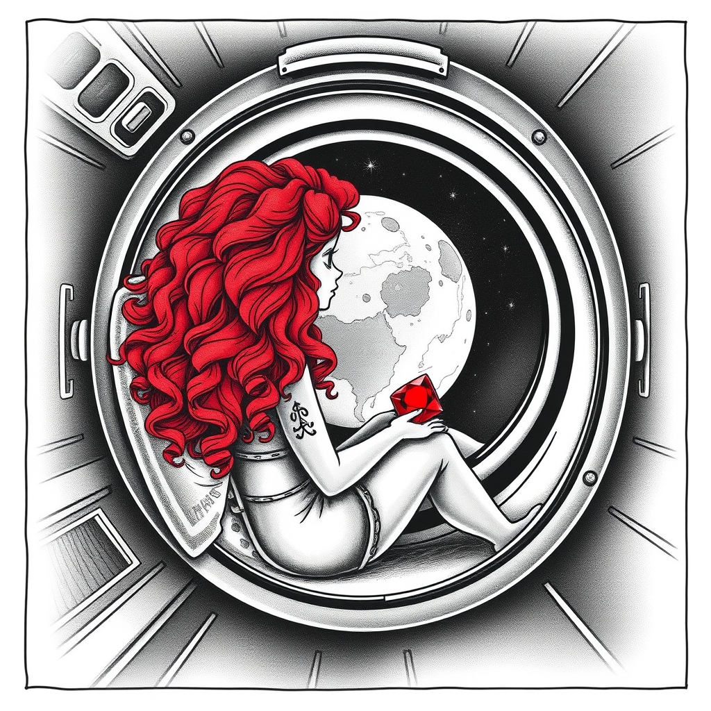 A tattoo design of Black and grey style. Redhead girl with curly hair sitting in a small space capsule alone. Floating through space with nothing to keep her company but a thing red ruby which she keeps on the small table by the porthole window. They are both sitting by the window peering out on an unknown planet. in the style of blackwork. - space travel tattoo design generated by AI tattoo generator