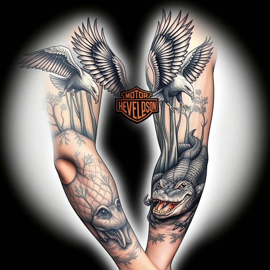 A tattoo design of Right arm full sleeve with the upper containing Harley Davidson theme with eagles mixed with the lower of Florida cypress swamp theme with alligator in the style of realistic. - motorcycles and wildlife tattoo design generated by AI tattoo generator