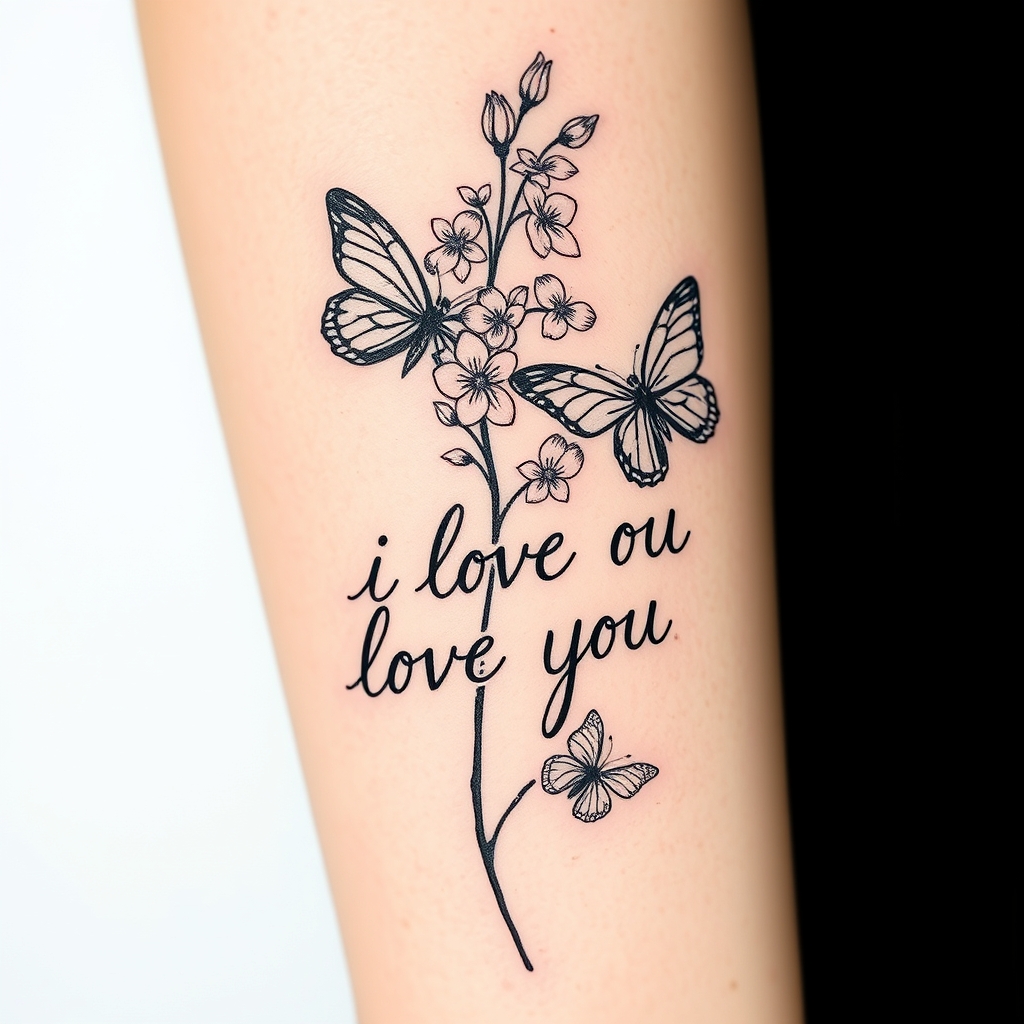 A tattoo design of Larkspur with very little butterflies with I love you in cursive in the style of abstract. - flowers with butterflies tattoo design generated by AI tattoo generator