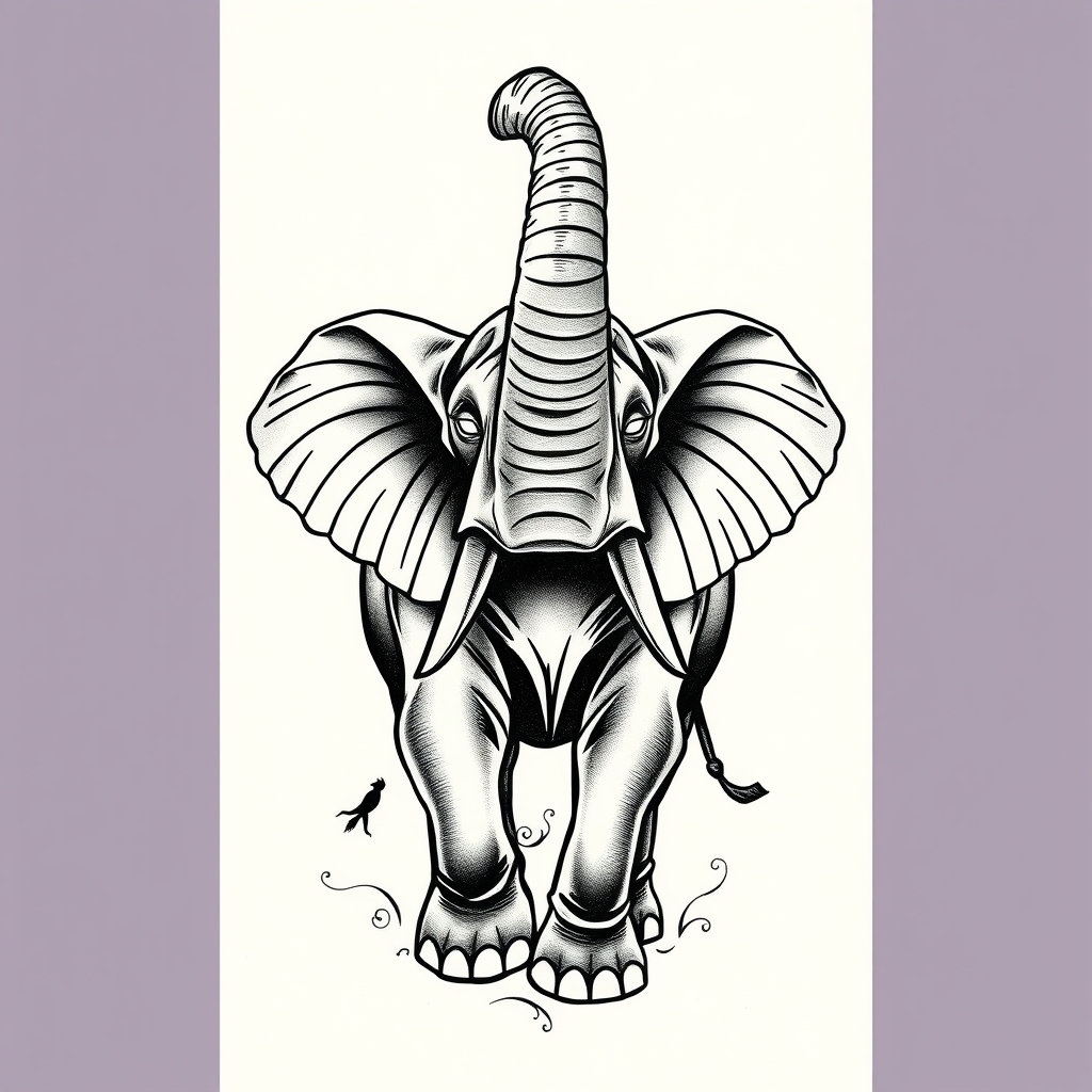A tattoo design of elephant with trunk up in the style of traditional. - wildlife animal tattoo design generated by AI tattoo generator