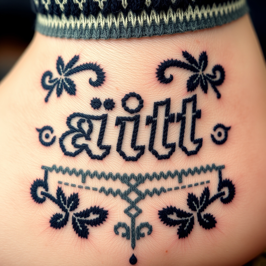 A tattoo design of Word "äiti" as it was knitted into skin like wool socks in the style of traditional. - text design tattoo design generated by AI tattoo generator