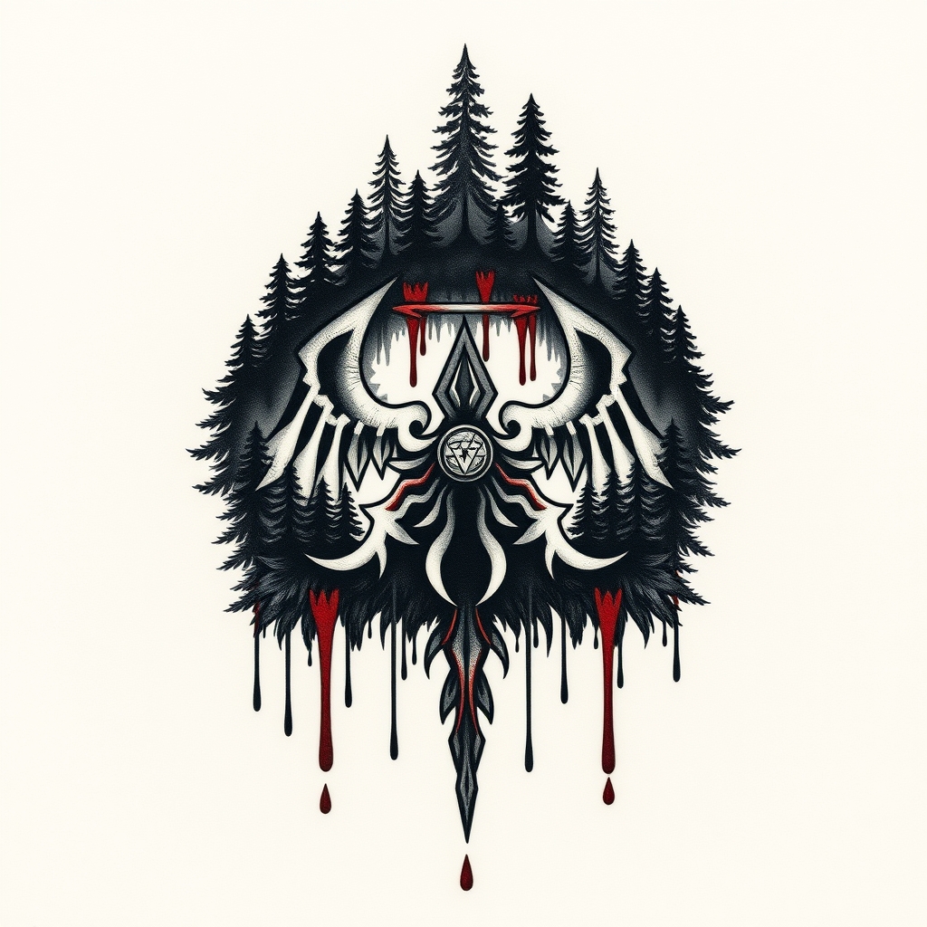 A tattoo design of Valkyrie symbol covered in forest, on top on the symbol there should be blood that goes down to the bottom of the symbol in style of trashpolka in the style of traditional. - mythology symbol tattoo design generated by AI tattoo generator