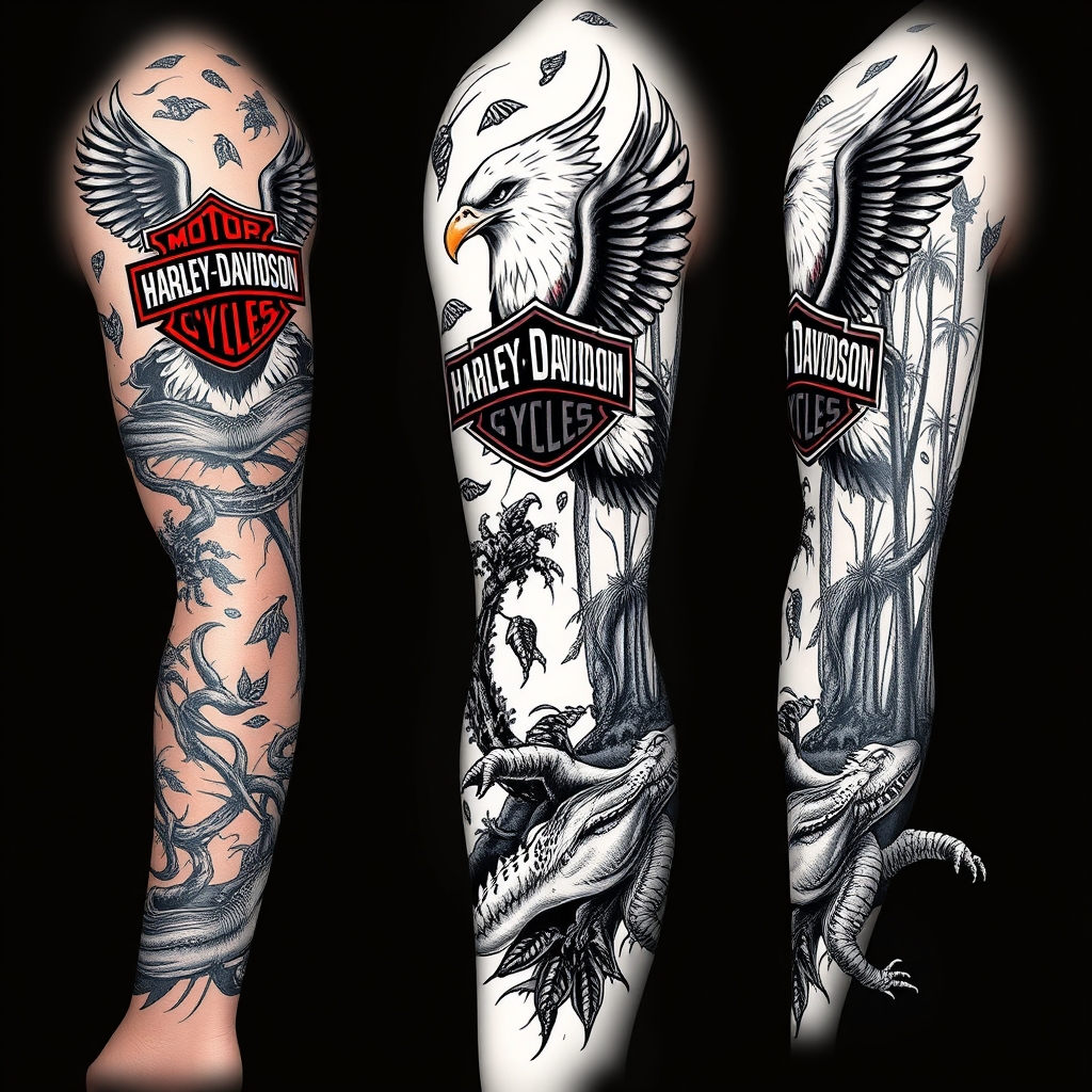 A tattoo design of Right arm full sleeve with the upper containing Harley Davidson theme with eagles mixed with the lower of Florida cypress swamp theme with alligator in the style of realistic. - motorcycle wildlife tattoo design generated by AI tattoo generator