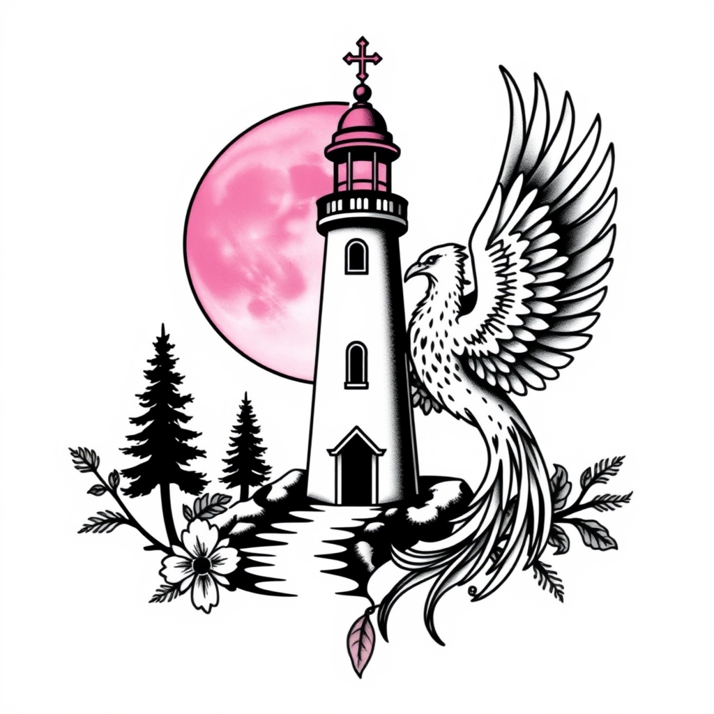 A tattoo design of Chapel with light house pink moon an lupine an phoenix  in the style of blackwork. - mythical creatures and architecture tattoo design generated by AI tattoo generator
