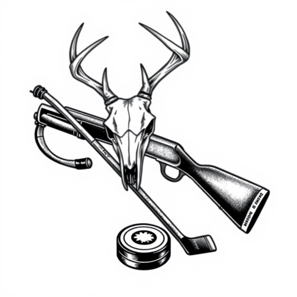 A tattoo design of a deer skull on top of the x of a lever action rifle and a hockey stick all blackout with with a white background with a hockey puck on the bottom of the x in the style of realistic. - hunting sports tattoo design generated by AI tattoo generator