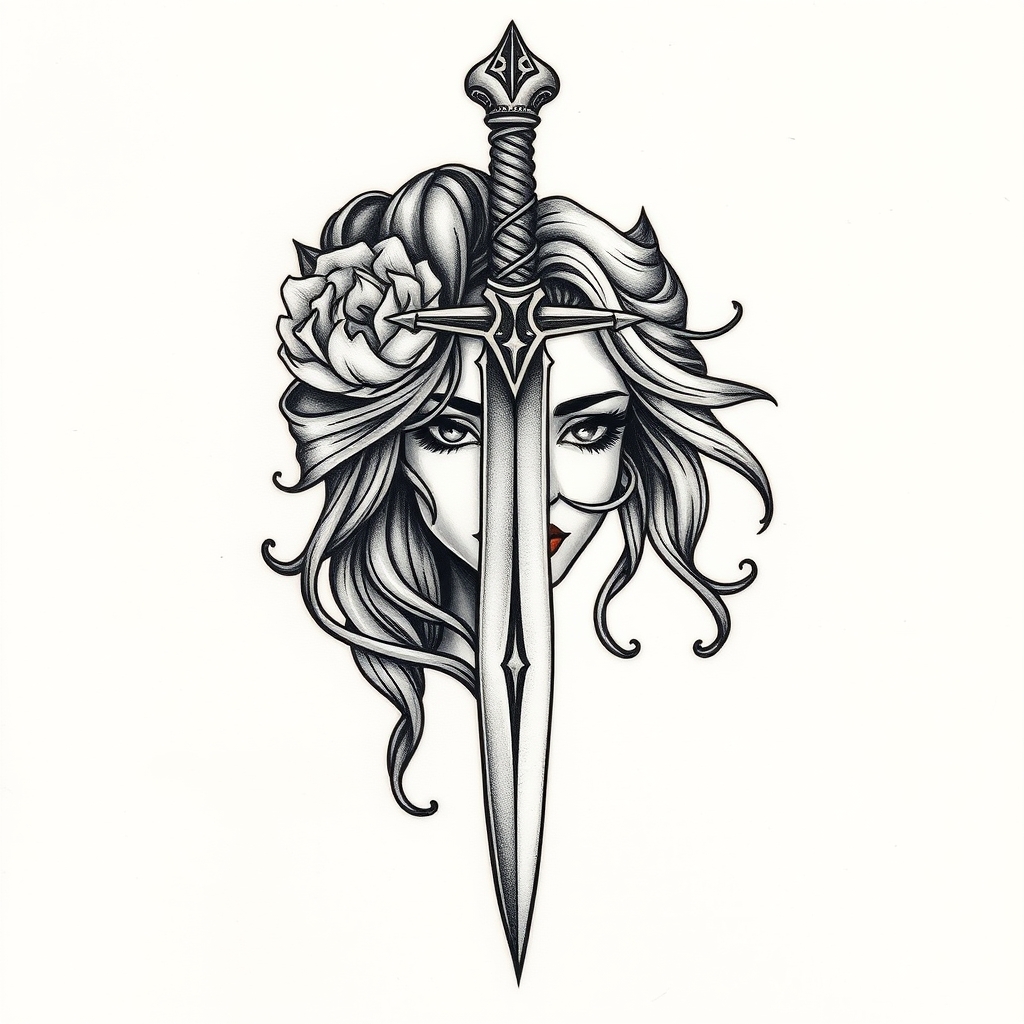 A tattoo design of woman face dagger in the style of traditional. - fantasy creature tattoo design generated by AI tattoo generator