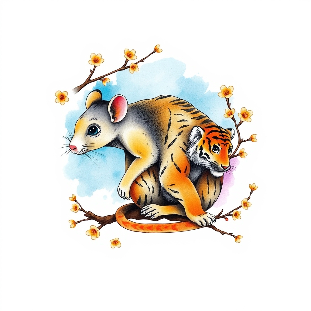 A tattoo design of [ RAT ]        o°       /| \      / |  \  ~ ~ ~~~~📘 Blue wash behind ~ ~ ~   🌸   branch   🌸   blossoms around         |    (diagonal branch)         |      [MONKEY]       😄  🐒      --|   /  Watercolor splash        /   \  in yellow/gold     🌸       🌸         |         |     [TIGER]      🐯 crouched, tail curved     /🐾\     Lavender fade ↓ red-orange 🌺        |      branch with ✿ bud        |  [Closed Bud]  (future space)    gray-lavender wash        |    Petals drifting down... in the style of watercolor. - animals and nature tattoo design generated by AI tattoo generator