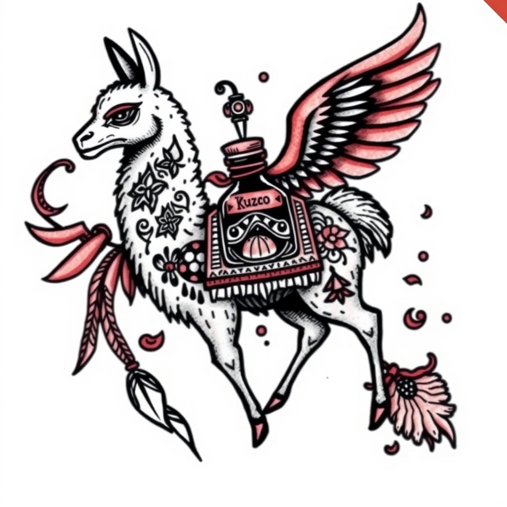 A tattoo design of kuzco poison bottle, with essence of llama in the style of tribal. - mythical creatures tattoo design generated by AI tattoo generator