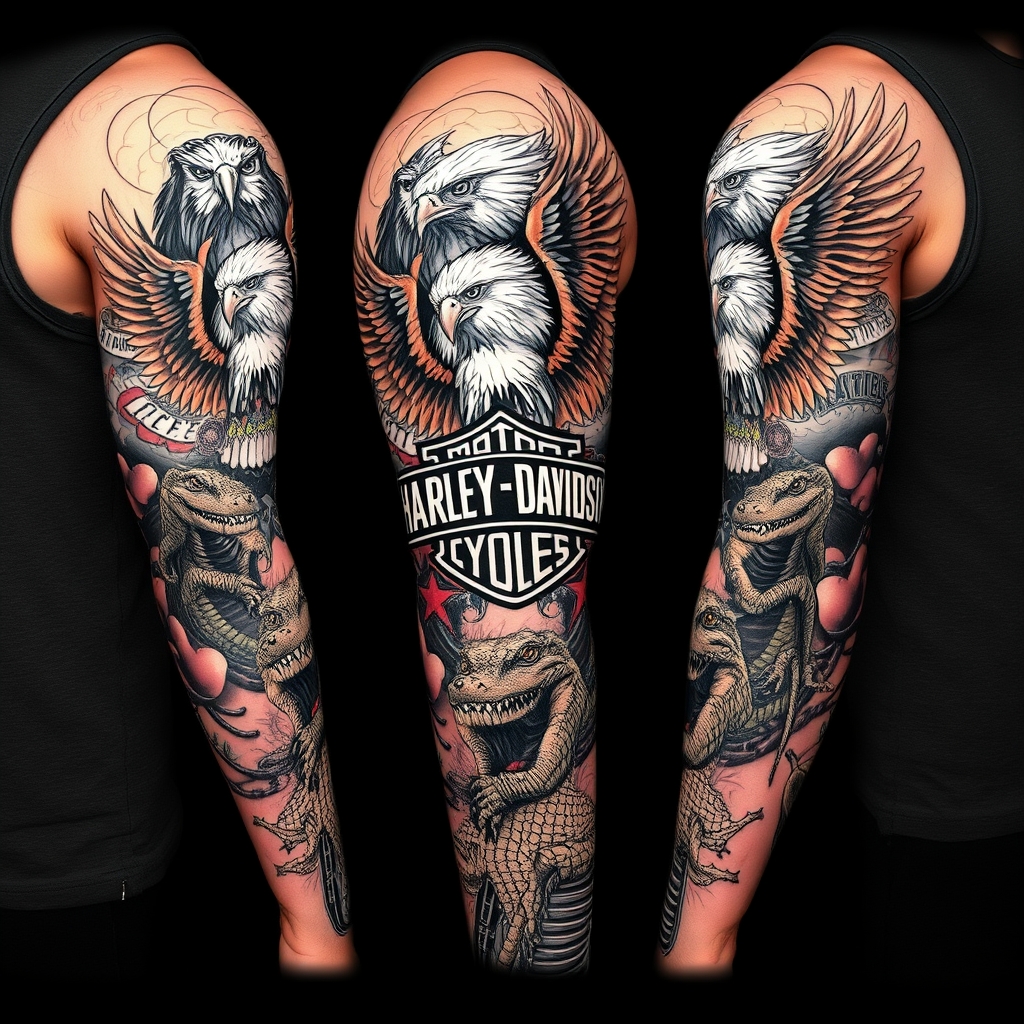 A tattoo design of Right arm full sleeve with Harley Davidson theme with eagles mixed with Florida swamp theme with american alligators in the style of realistic. - motorcycles tattoo design generated by AI tattoo generator