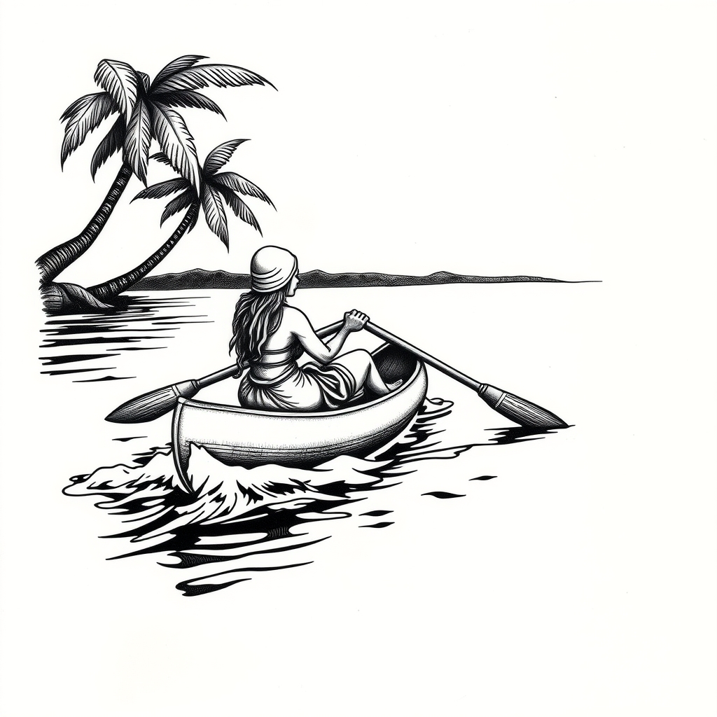 A tattoo design of Woman paddling a canoe down the nile river in the style of blackwork. - water sports tattoo design generated by AI tattoo generator