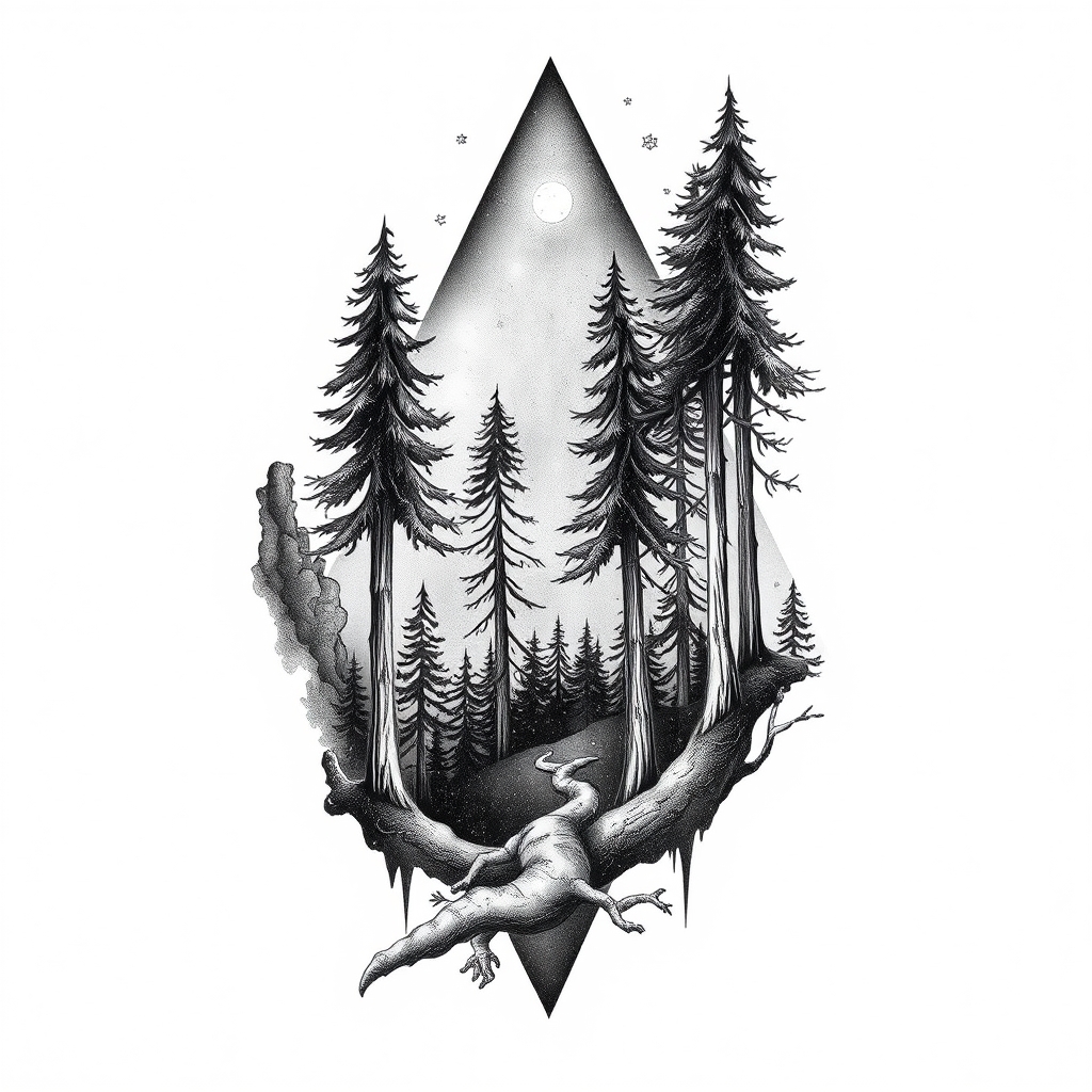 A tattoo design of Forest and space in the style of realistic. - space exploration tattoo design generated by AI tattoo generator