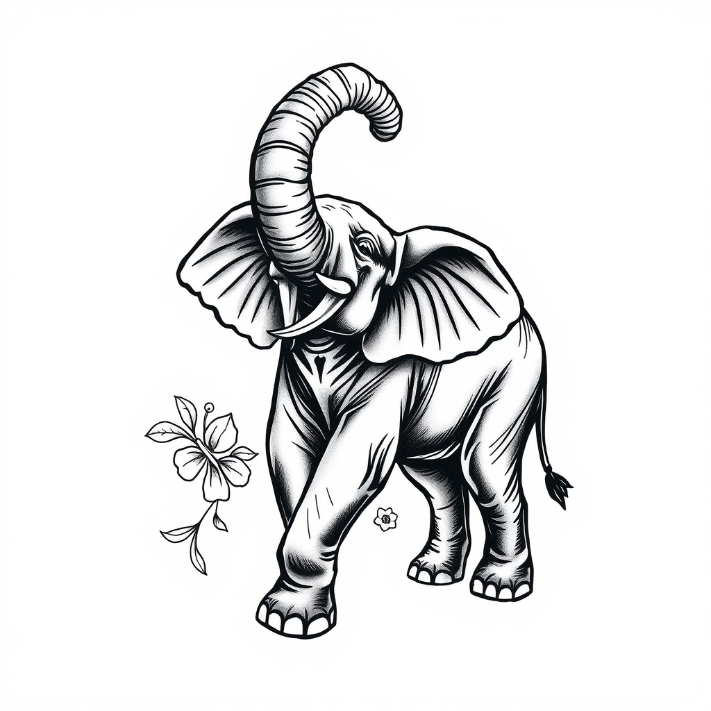 A tattoo design of elephant with trunk up in the style of traditional. - animal elephant tattoo design generated by AI tattoo generator