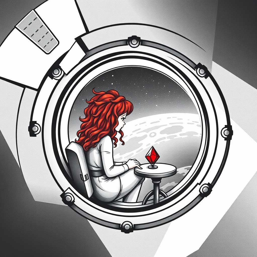 A tattoo design of Black and grey style. Redhead girl with curly hair sitting in a small space capsule alone. Floating through space with nothing to keep her company but a thing red ruby which she keeps on the small table by the porthole window. They are both sitting by the window peering out on an unknown planet. in the style of geometric. - space travel tattoo design generated by AI tattoo generator