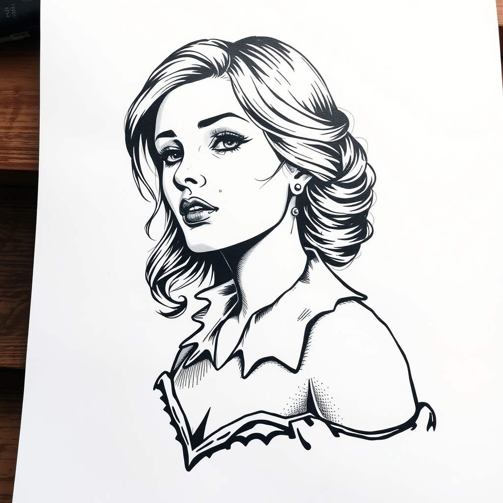 A tattoo design of b/w vintage woman with collar on white paper in the style of realistic. - vintage portrait tattoo design generated by AI tattoo generator