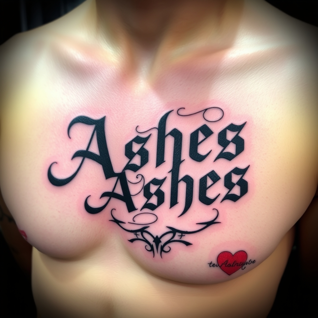 A tattoo design of Words "Ashes 222 Ashes" on left pectoralis in the style of blackwork. - text phrase tattoo design generated by AI tattoo generator