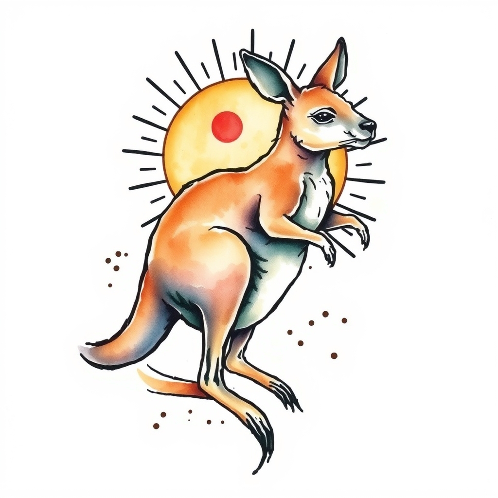 A tattoo design of Kangaroo with sun in the style of watercolor. - animal wildlife tattoo design generated by AI tattoo generator