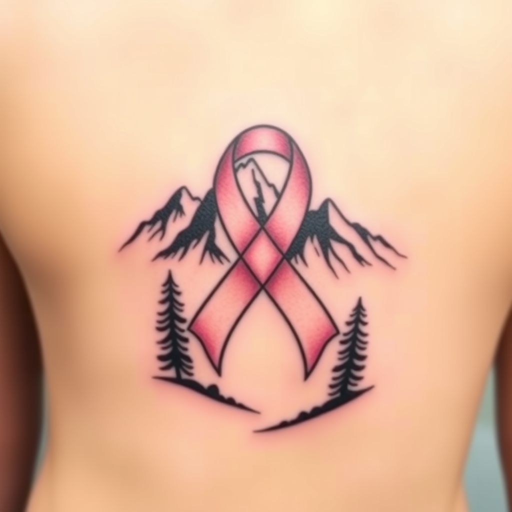 A tattoo design of Breast cancer ribbon,, mountains, nature in the style of minimalist. - cancer awareness tattoo design generated by AI tattoo generator
