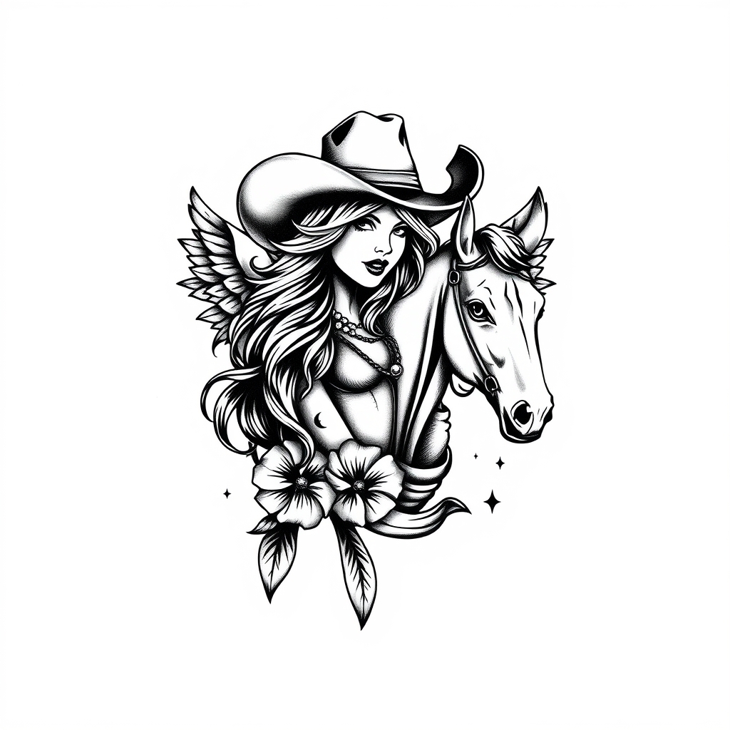 A tattoo design of cowgirl vintage tattoo on white background in the style of blackwork. - western art tattoo design generated by AI tattoo generator