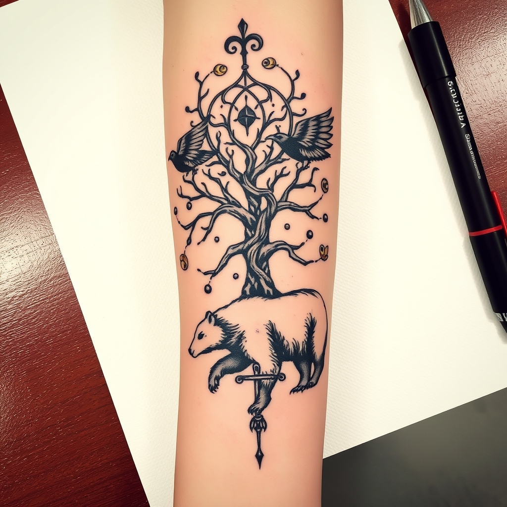 A tattoo design of feminine, odins ravens, wyrd, yggdrasil, vegvisin, valknut, troll cross and bear, add a little red Down my arm onto my wrist in the style of blackwork. - norse mythology tattoo design generated by AI tattoo generator