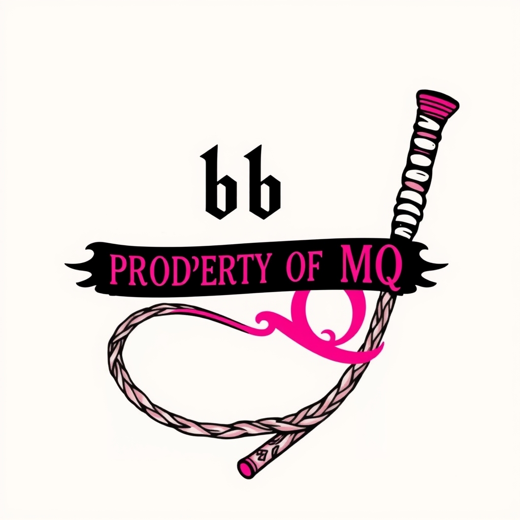 A tattoo design of Cuckold symbol. Black and pink are the colors. Name is bb. Spells "PROPERTY OF MQ". A whip is shown. in the style of traditional. - bdsm fetish tattoo design generated by AI tattoo generator