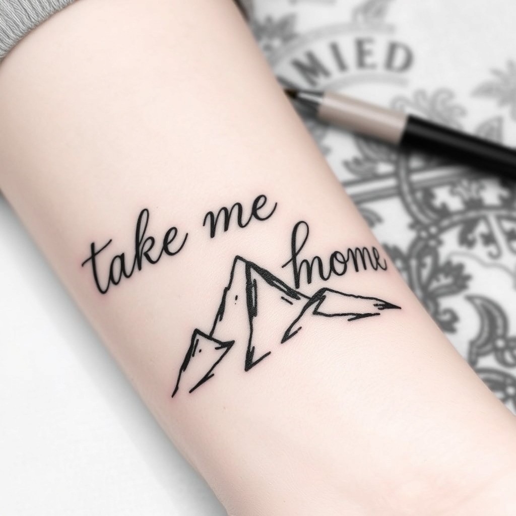 A tattoo design of Writing possibly on cursive: take me home...Mountain mama where mountain is not a word but a small peak of mountains possibly just an outline in the style of blackwork. - mountain landscape tattoo design generated by AI tattoo generator