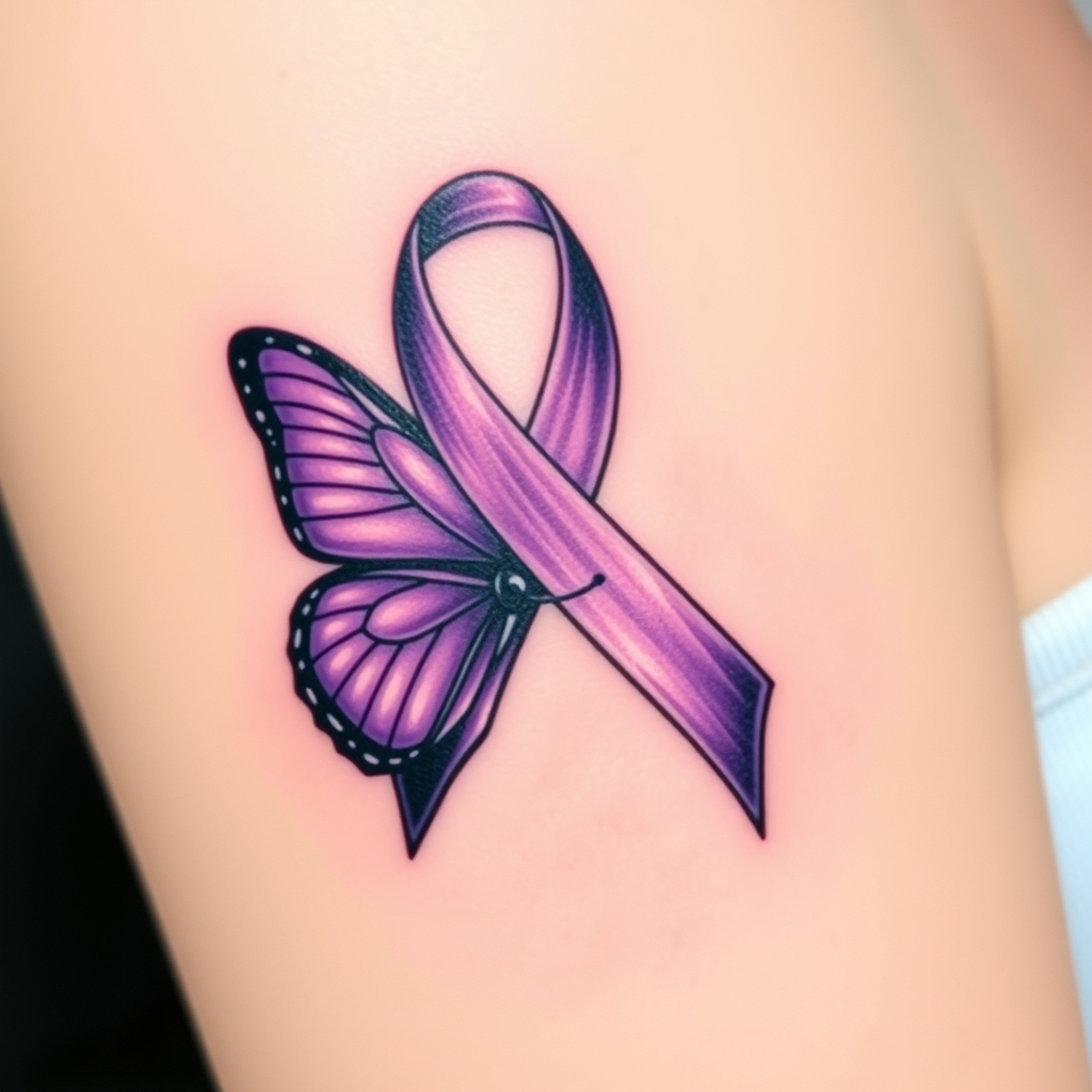 A tattoo design of Domestic violence ribbon awareness inclined together with a purple butterfly in the style of abstract. - domestic violence awareness tattoo design generated by AI tattoo generator