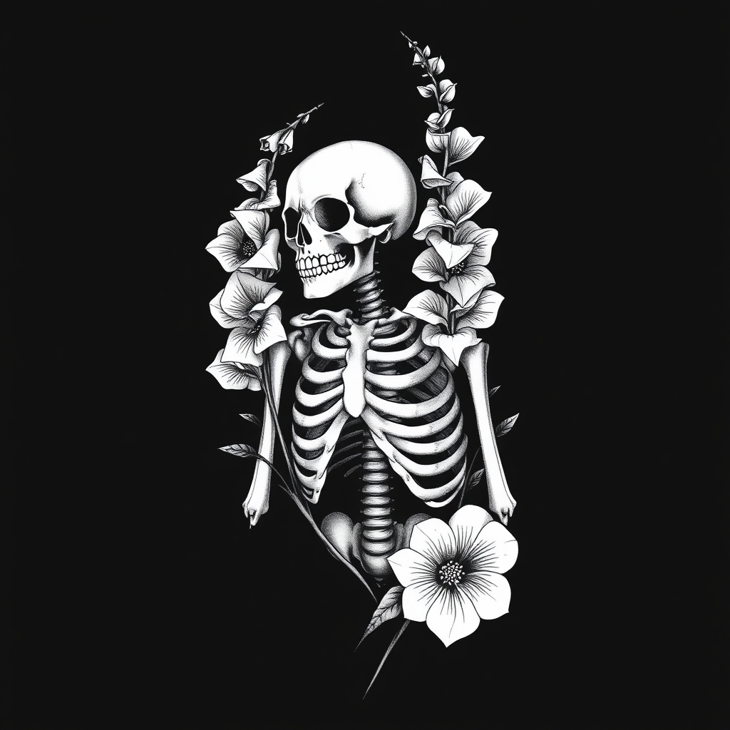 A tattoo design of Skeleton with foxglove flowers in black and white in the style of realistic. - skeleton and flowers tattoo design generated by AI tattoo generator