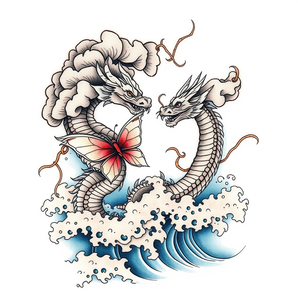 A tattoo design of Swirling clouds intertwined with butterfly dragons over Japanese style ocean waves over  in the style of watercolor. - mythical creatures tattoo design generated by AI tattoo generator