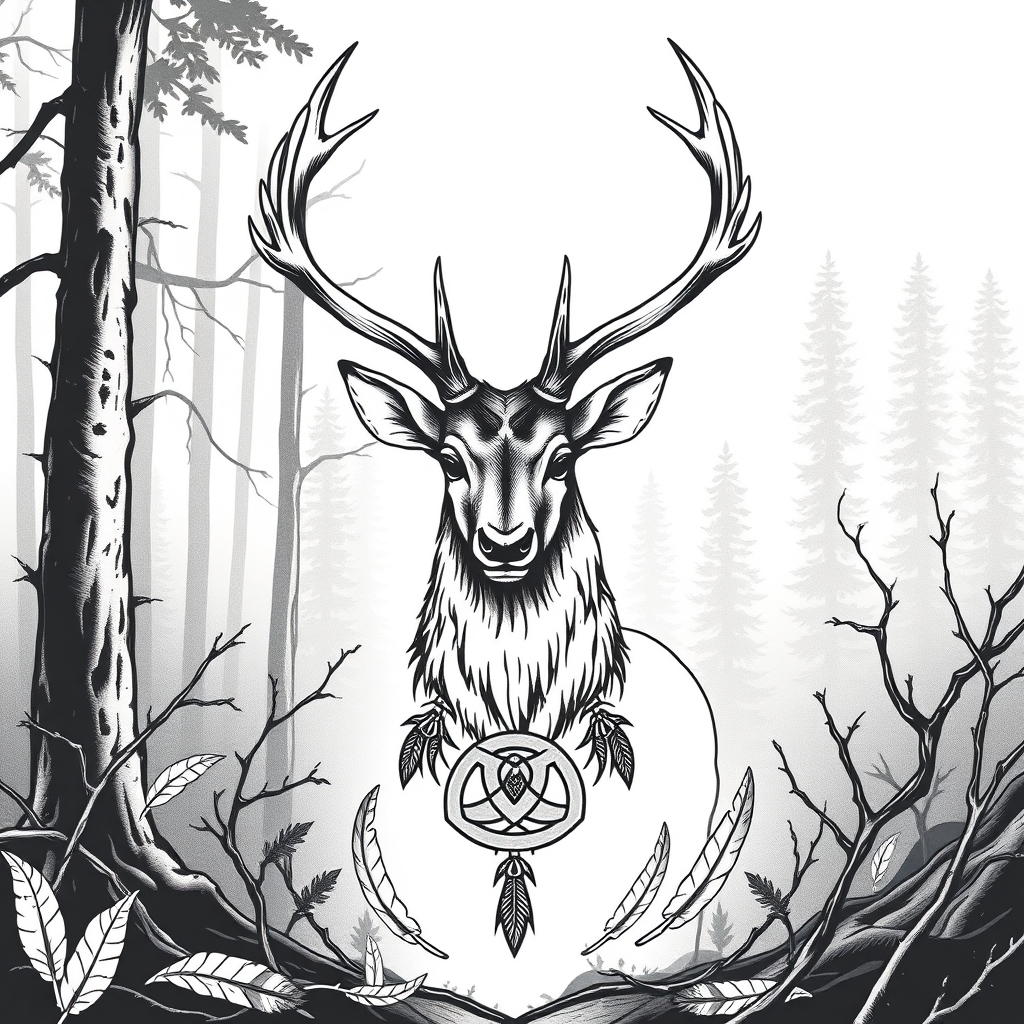 A tattoo design of Manly tattoo - A majestic Stag with Celtic symbolism - Triskeles and Claddagh rings and Celtic knots. Positioned in a forested area where there is thorny branches, fallen feathers. looking to symbolise growth, and strength following periods of shame, regret and a mental health issues following a difficult time in my life. in the style of geometric. - celtic symbols tattoo design generated by AI tattoo generator