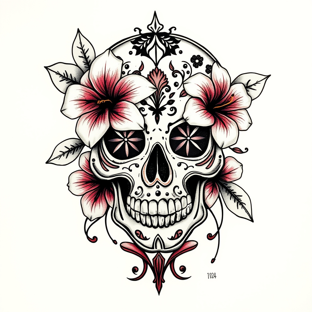 A tattoo design of Sugar Skull with hibiscus flowers and ornate details in the style of realistic. - sugar skull tattoo design generated by AI tattoo generator