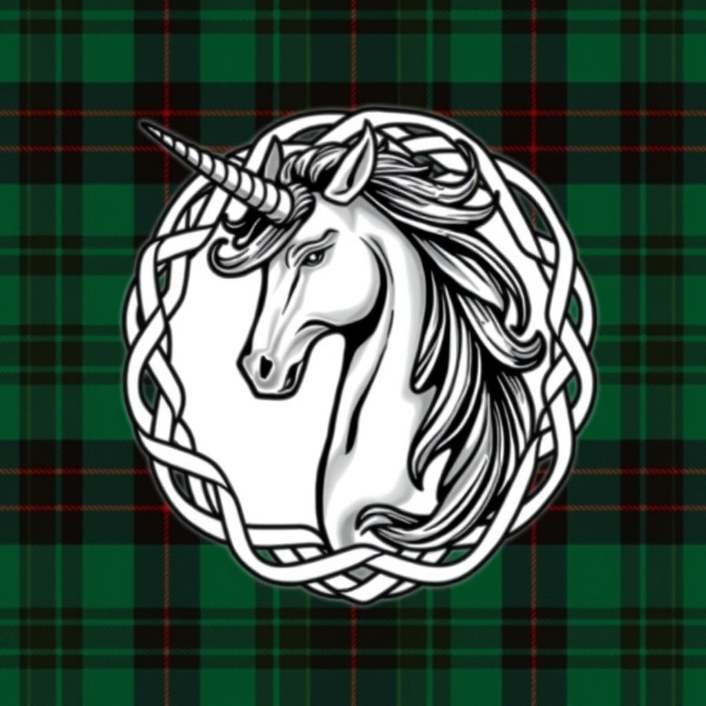 A tattoo design of Scottish unicorn, tartan background, framed in celtic knotted frame in the style of abstract. - mythical creatures tattoo design generated by AI tattoo generator