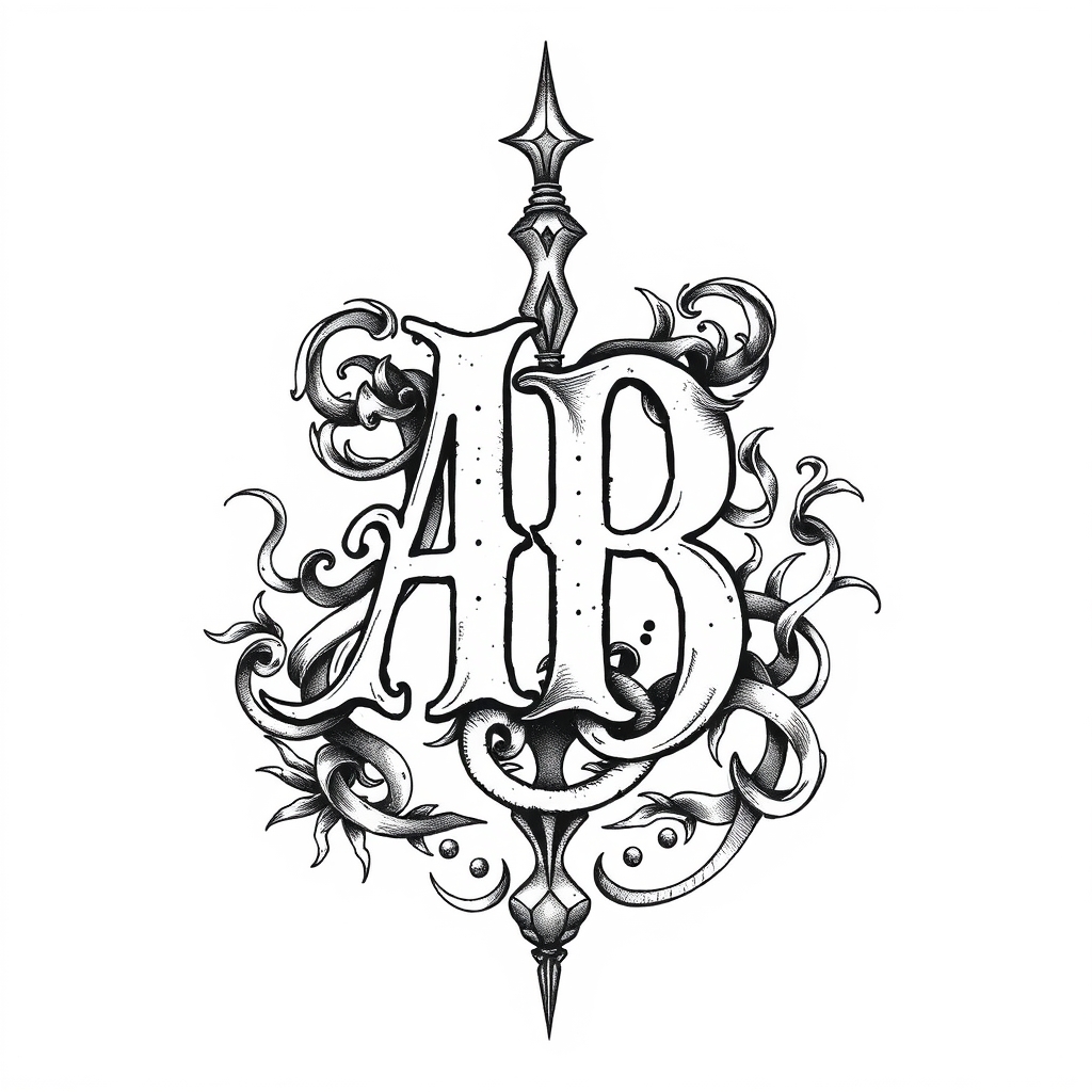 A tattoo design of Initials AB, year 1974,  in the style of surrealistic. - dates tattoo design generated by AI tattoo generator