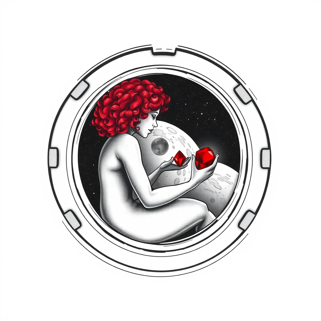 A tattoo design of Black and grey style. Redhead woman with curly hair sitting in a small space capsule alone. Floating through space with nothing to keep her company but a shining red ruby which she holds close by the porthole window. They are both sitting by the window peering out on an unknown planet. in the style of surrealistic. - space travel tattoo design generated by AI tattoo generator