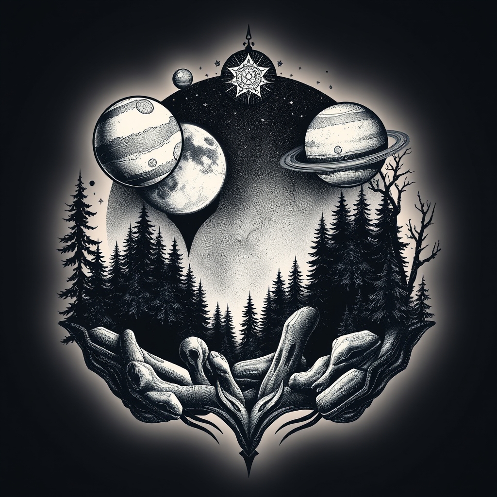 A tattoo design of Dark Forest and planets in the style of realistic. - cosmic nature tattoo design generated by AI tattoo generator
