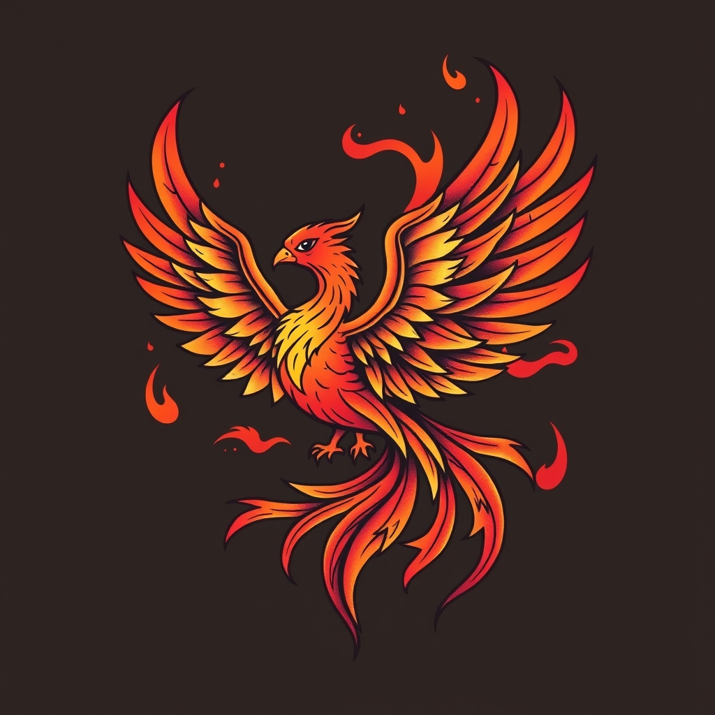 A tattoo design of pheonix, flames, whimsical in the style of traditional. - mythical creatures tattoo design generated by AI tattoo generator
